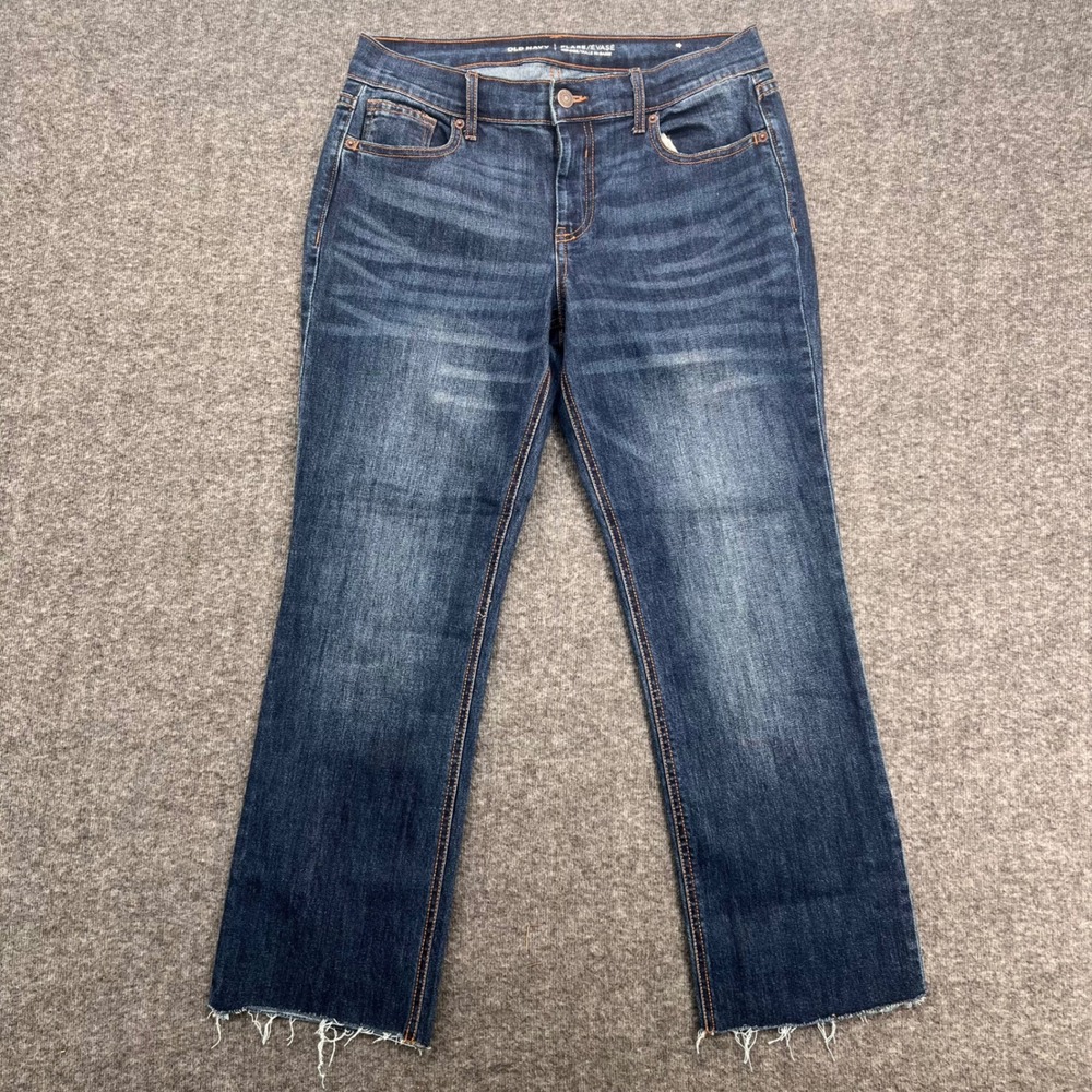 Old Navy Womens Size 6 Dark Wash Mid-Rise Flare Jeans Raw Hem Whiskered Denim